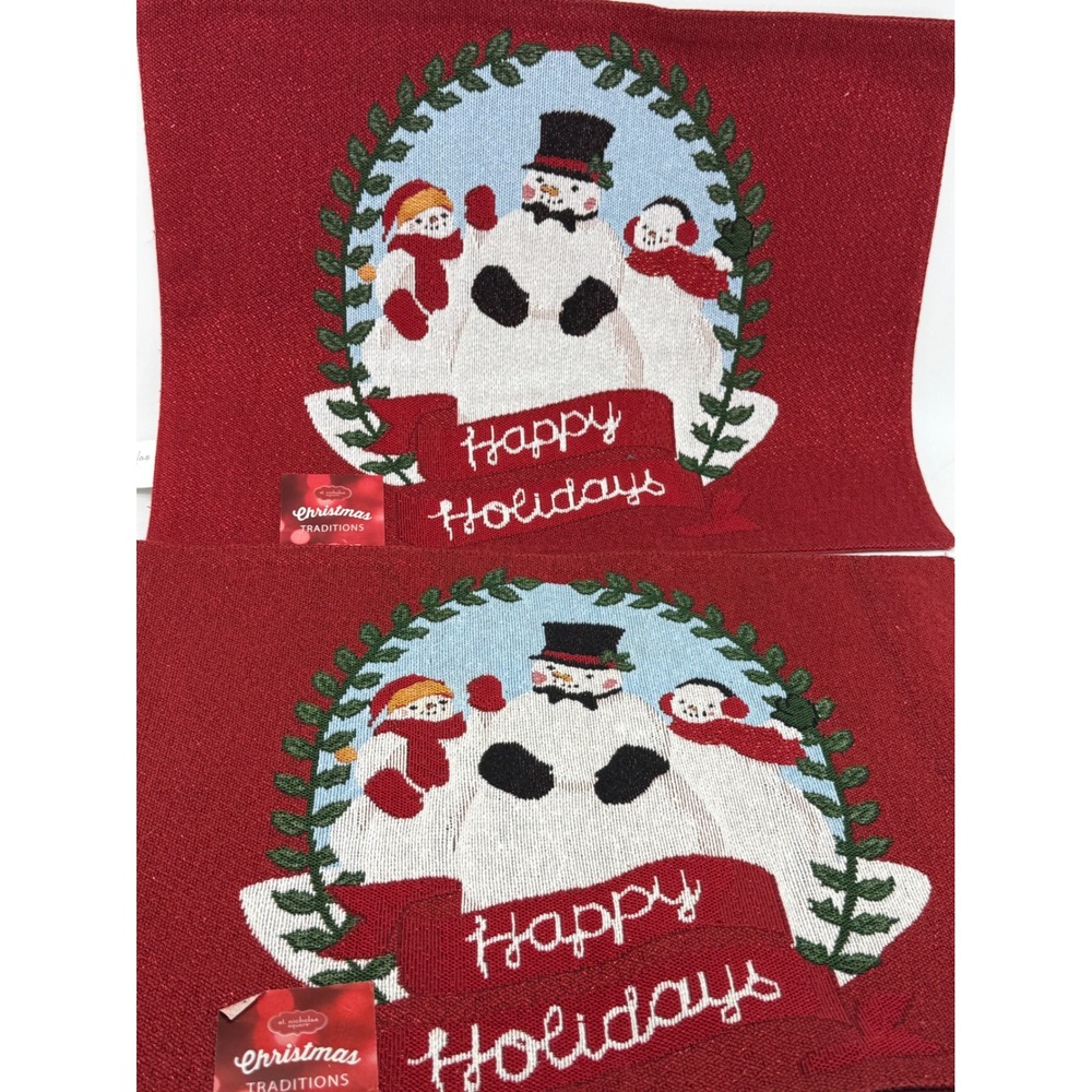 St Nicholas Square Happy Holidays Snowman Placemats Red Set of 2 New